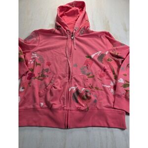 Three Hearts Pink Floral Glitter Zip Up Hoodie Girls XL Y2K Cottagecore Hoodie